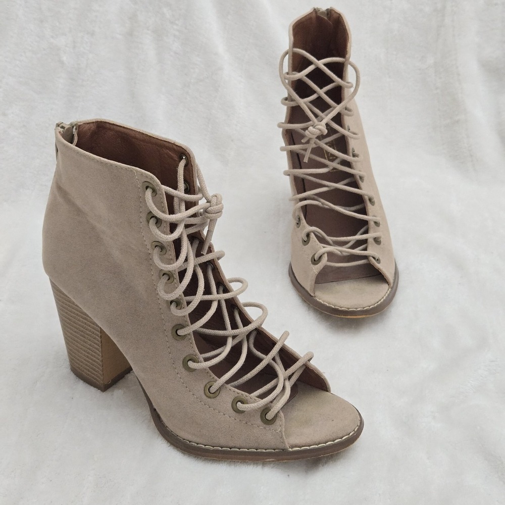 Ankle Boots Lace Up Booties Size 7‎ Open Toe Block Heel Beige Boho Chic Sexy